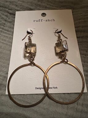 Gold Hoop Earrings with Smoky Crystal Cube